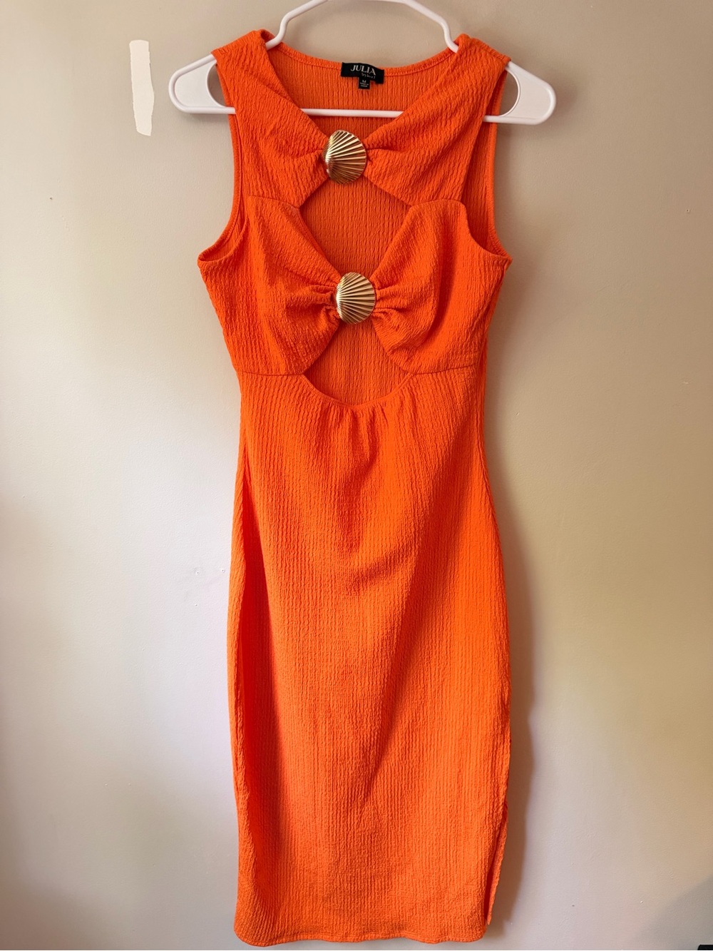 Classy Orange Cutout Midi Dress with Gold Accent